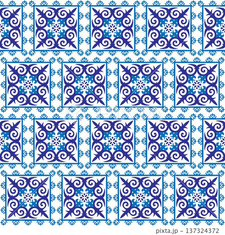 Traditional kazakh central asian Seamless pattern. Square design blue patterns tile. Classic Mediterranean or Moorish aesthetic. Pattern for Square surfaces, tile, textile, embroidery, patchwork 137324372