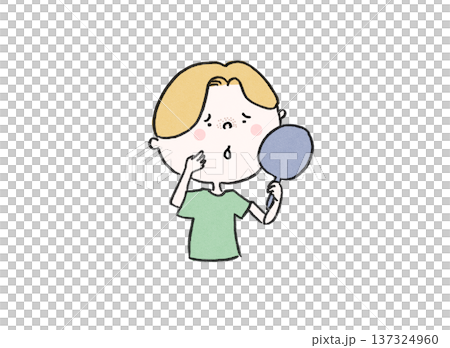 一位男士對著手鏡，擔心自己鼻子毛孔裡的黑頭和角質堵塞（男士護膚） 137324960