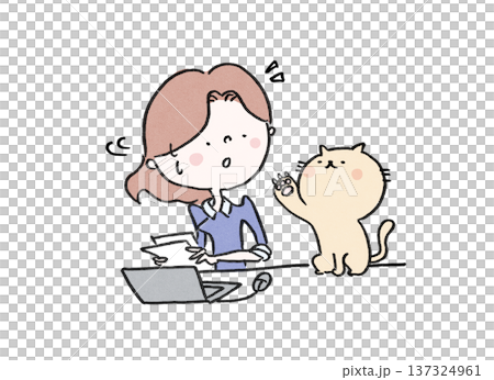 一隻可愛的貓咪向一位忙碌的女士伸出爪子，幫助她解決燃眉之急（諺語，商業） 137324961