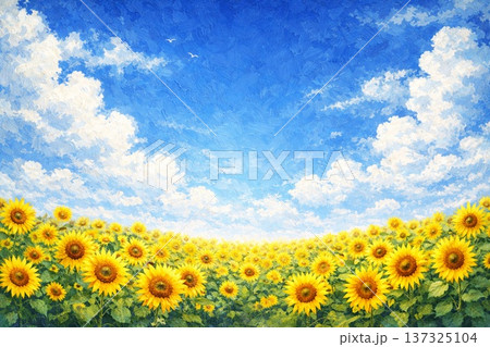 満開のひまわり　青空　大地　油彩画 137325104