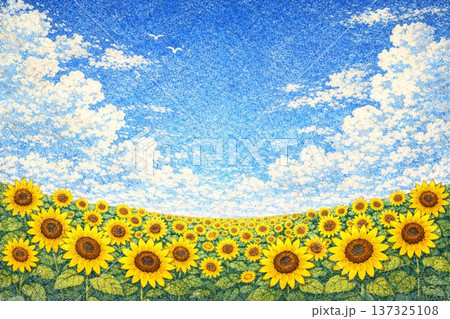 満開のひまわり　青空　大地　砂絵風 137325108