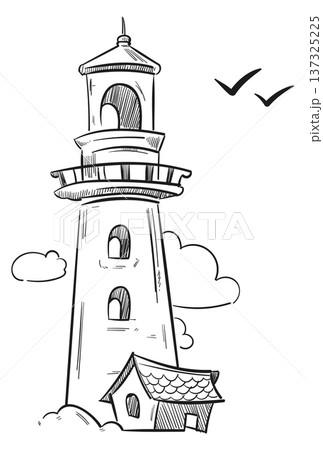 Lighthouse sketch. Hand drawn marine signal tower Lighthouse sketch. Hand drawn marine signal tower 137325225