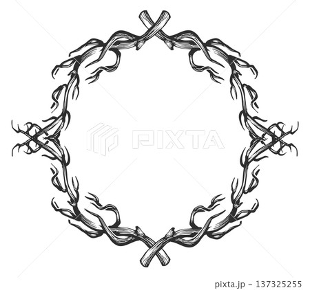 Wooden twig circle. Branch wreath hand drawn frame Wooden twig circle. Branch wreath hand drawn frame 137325255