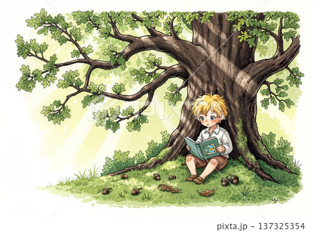Young Boy Reading Under a Large Oak Tree on a Sunny Day in a Peaceful Garden 137325354