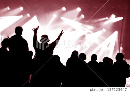 Crowd at a music concert, audience raising hands up silhouette 137325447