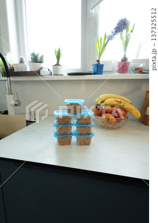 Stacks of blue containers filled with homemade pet food on kitchen counter. Preparing nutritious meals for dogs and cats with fresh fruits. Home pet nutrition and care concept. photography 137325512