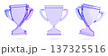 3d crystal holographic trophy set, glass cup line icon with blue purple gradient. Luxury award, iridescent transparent goblet in different angles. Glassmorphism UI design winner prize. 3D illustration 137325516