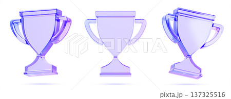3d crystal holographic trophy set, glass cup line icon with blue purple gradient. Luxury award, iridescent transparent goblet in different angles. Glassmorphism UI design winner prize. 3D illustration 137325516