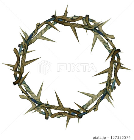 Hand drawn watercolor illustration of a crown of thorns arranged in a circular wreath. This religious symbol of faith and sacrifice features detailed brown branches and sharp thorns with artistic blue Hand drawn watercolor illustration of a crown of thorns arranged in a circular wreath. This religious symbol of faith and sacrifice features detailed brown branches and sharp thorns with artistic blue 137325574