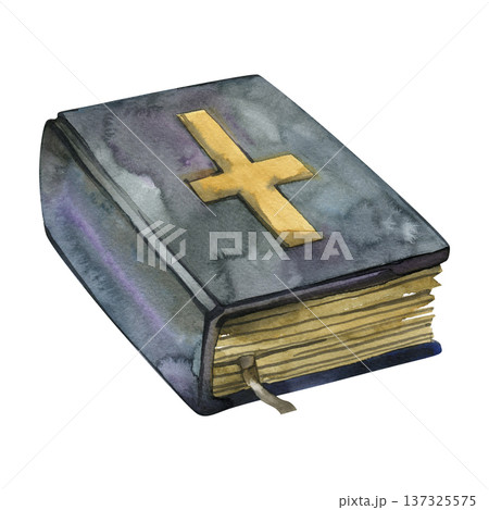 Watercolor illustration of a closed holy bible book with a gold cross on a dark blue textured cover. The aged yellowed pages and a bookmark ribbon suggest a vintage, hand drawn religious object. Watercolor illustration of a closed holy bible book with a gold cross on a dark blue textured cover. The aged yellowed pages and a bookmark ribbon suggest a vintage, hand drawn religious object. 137325575