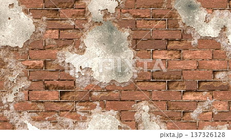 Grunge red brick wall texture with large peeling white plaster patches. 3D rendering illustration Grunge red brick wall texture with large peeling white plaster patches. 3D rendering illustration 137326128