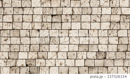 Old cracked beige stone wall texture with square tiles and grunge details. 3D rendering illustration Old cracked beige stone wall texture with square tiles and grunge details. 3D rendering illustration 137326154