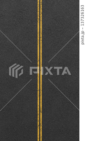 Vertical asphalt road texture with double yellow lines and cracks. 3D rendering illustration Vertical asphalt road texture with double yellow lines and cracks. 3D rendering illustration 137326163