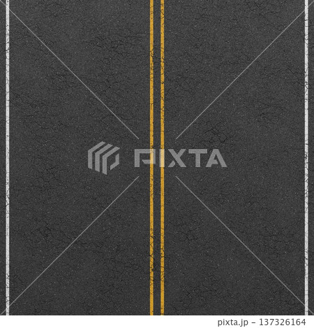 Cracked asphalt road surface with double yellow lines and white edges. 3D rendering illustration 137326164