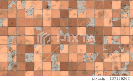 Old broken terracotta square tiles texture background with cracked surface and visible cement adhesive Old broken terracotta square tiles texture background with cracked surface and visible cement adhesive 137326266