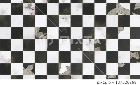 Broken black and white checkerboard floor tile texture background with damaged and cracked surfaces 137326269