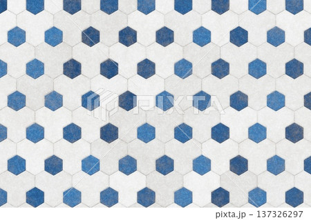Modern white and blue hexagonal honeycomb tile pattern for creative interior wall and floor design 137326297