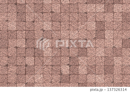 Red Japanese wave pattern ceramic tile texture top view with cracked distressed surface design Red Japanese wave pattern ceramic tile texture top view with cracked distressed surface design 137326314