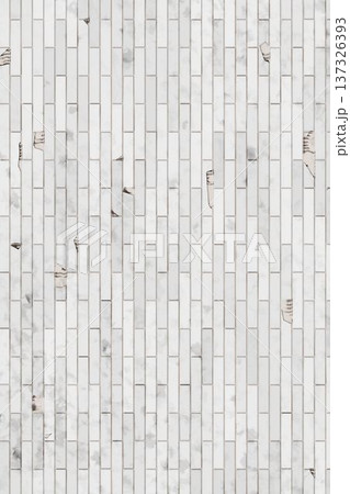 Distressed white brick wall texture with damaged tiles and subtle cracks for rustic architectural background design. Distressed white brick wall texture with damaged tiles and subtle cracks for rustic architectural background design. 137326393