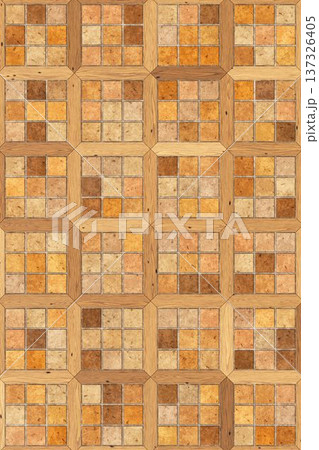 Decorative wood parquet floor texture with square ceramic stone tiles inlay pattern background illustration. Decorative wood parquet floor texture with square ceramic stone tiles inlay pattern background illustration. 137326405