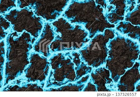 Mystical Glowing Blue Energy Cracks in Dark Volcanic Rock Surface Texture. 137326557