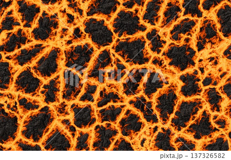 Hot glowing lava flow over black volcanic rock surface for dramatic disaster themes. Hot glowing lava flow over black volcanic rock surface for dramatic disaster themes. 137326582