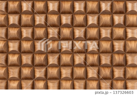Modern 3D wooden wall panel texture with geometric square pattern and natural grain detail. 137326603