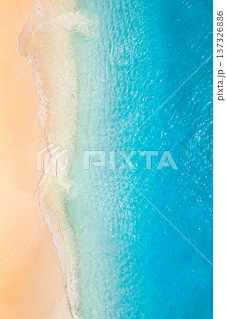 Stunning aerial beach top view with peaceful ocean waves and pristine sand for summer coastal nature background Stunning aerial beach top view with peaceful ocean waves and pristine sand for summer coastal nature background 137326886