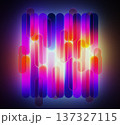 Liquid glass vertical stripe 3D pattern. Abstract square frame of rounded lines with vibrant color gradient. Hologram transparent plates overlay and glow neon light on dark background. 3D illustration 137327115