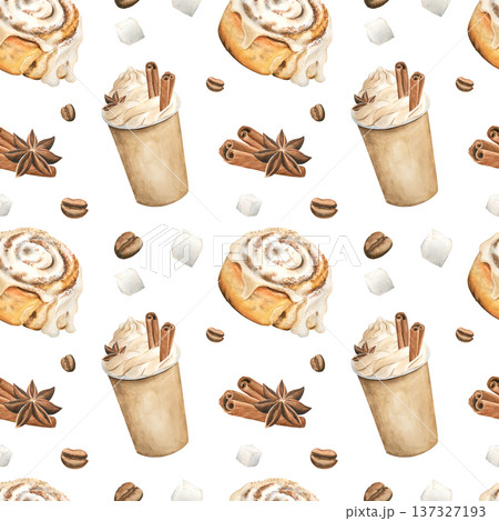 A seamless pattern featuring a cappuccino to-go coffee with whipped cream and cinnamon. The frappuccino is hand-painted in watercolor on a white background. Suitable for print, packaging, fabric. A seamless pattern featuring a cappuccino to-go coffee with whipped cream and cinnamon. The frappuccino is hand-painted in watercolor on a white background. Suitable for print, packaging, fabric. 137327193