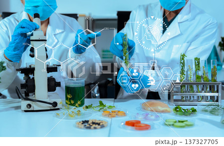 Eco laboratory microbiology. Sample in a Microscope and comparing a plant or herb in test tube or glassware. Natural product and organic cosmetic health care. 137327705