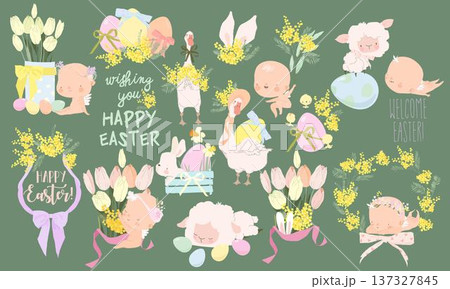 Cartoon Easter Set With Little Cartoon Angels, Ester Eggs and Flowers 137327845