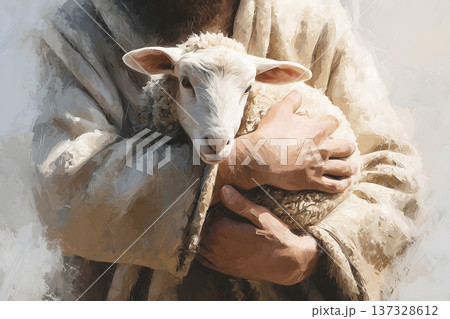 Soft light glows on gentle embrace. Hands cradle small, quiet lamb tenderly. Warm tones evoke peace and care. Simple scene speaks of protection. Soft brushstrokes add serene texture Soft light glows on gentle embrace. Hands cradle small, quiet lamb tenderly. Warm tones evoke peace and care. Simple scene speaks of protection. Soft brushstrokes add serene texture 137328612