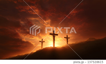 Sunset bathes hill in fiery glow. Three crosses stand stark against the sky. Silhouettes cast long shadows upon earth. Dramatic clouds swirl with orange and red hues Sunset bathes hill in fiery glow. Three crosses stand stark against the sky. Silhouettes cast long shadows upon earth. Dramatic clouds swirl with orange and red hues 137328615