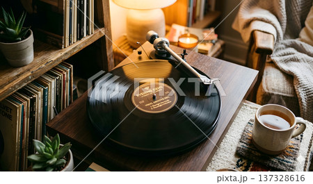 Warm light glows softly on vintage turntable. Vinyl record spins gently on wooden platter. Cup of tea rests beside the record player. Potted succulents add greenery to cozy setup Warm light glows softly on vintage turntable. Vinyl record spins gently on wooden platter. Cup of tea rests beside the record player. Potted succulents add greenery to cozy setup 137328616