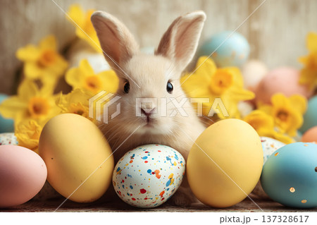Cute rabbit nestled among colorful Easter eggs. Bright daffodils frame the charming scene. Pastel eggs with speckles and glitter add cheer 137328617