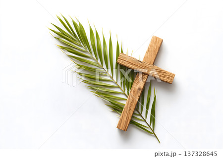 Simple wooden cross rests on green palm frond. Minimalist composition against plain white background. Natural textures highlight spiritual symbolism. Soft lighting enhances serene, peaceful mood Simple wooden cross rests on green palm frond. Minimalist composition against plain white background. Natural textures highlight spiritual symbolism. Soft lighting enhances serene, peaceful mood 137328645