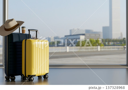 Tourist hat and coffee on black luggage and yellow suitcase aside glass wall at airport. Travel trip 137328968