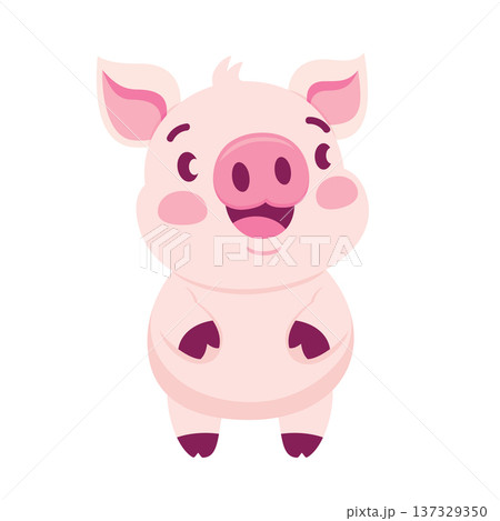 Joyful pig illustration. Playful cartoon piglet with bright eyes and rounded body shape 137329350