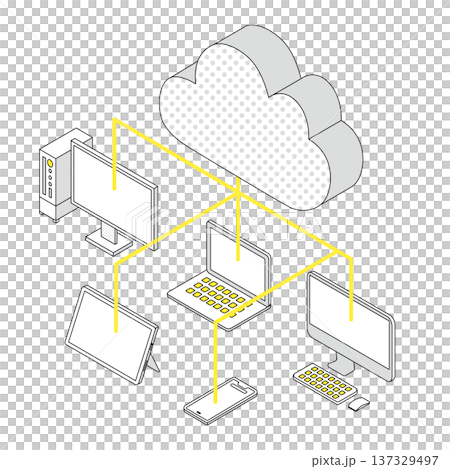 Illustration of data sharing between multiple devices via the cloud Illustration of data sharing between multiple devices via the cloud 137329497