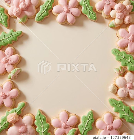 春の焼き菓子フレーム　桜（花形クッキー・葉っぱクッキー） 137329648