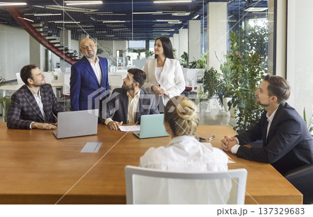 Business meeting for team organization and training in conference room of corporate company office 137329683