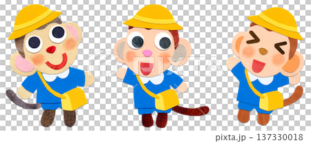 三隻穿著幼稚園制服的猴子，拼貼畫人物插圖 137330018