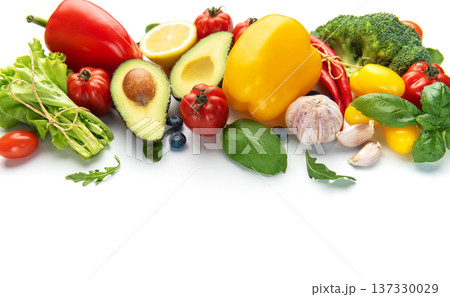 Fresh healthy eating vegetables and fruits food ingredients 137330029