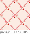 Cute seamless pattern with bows, cherries and curly ribbon lines in coquette aesthetic. Feminine decorative background in red and beige colors for wrapping paper, packaging, wallpaper, textile design. 137330050