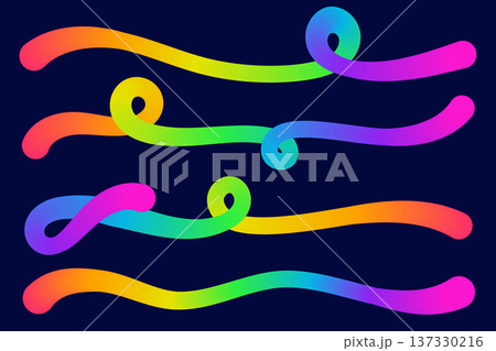 Color gradient lines. Abstract wavy shapes. Vector curved rainbow spiral elements on dark background. Dynamic squiggle bright gradation strokes for poster and banner design. 137330216