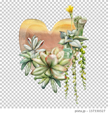 Heart wreath of potted rosette succulents with fleshy leaves, flowers, lithops and curio trailing vines. Isolated illustration hand drawn in watercolor. Wall art, nursery decor, plant shop signage. Heart wreath of potted rosette succulents with fleshy leaves, flowers, lithops and curio trailing vines. Isolated illustration hand drawn in watercolor. Wall art, nursery decor, plant shop signage. 137330327