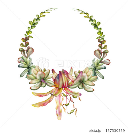 Succulent rosettes, hanging plants, Kimnachia cactus leaves, bromeliad epiphyte and string of bead vines. Isolated illustration hand drawn in watercolor. Botanical wreath frame. Handmade candle seals Succulent rosettes, hanging plants, Kimnachia cactus leaves, bromeliad epiphyte and string of bead vines. Isolated illustration hand drawn in watercolor. Botanical wreath frame. Handmade candle seals 137330339
