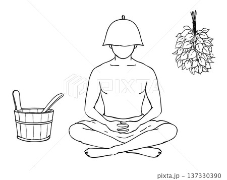 サウナで座禅を組み瞑想する男性の手描きペン画イラスト 137330390