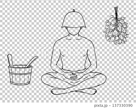 サウナで座禅を組み瞑想する男性の手描きペン画イラスト 137330390